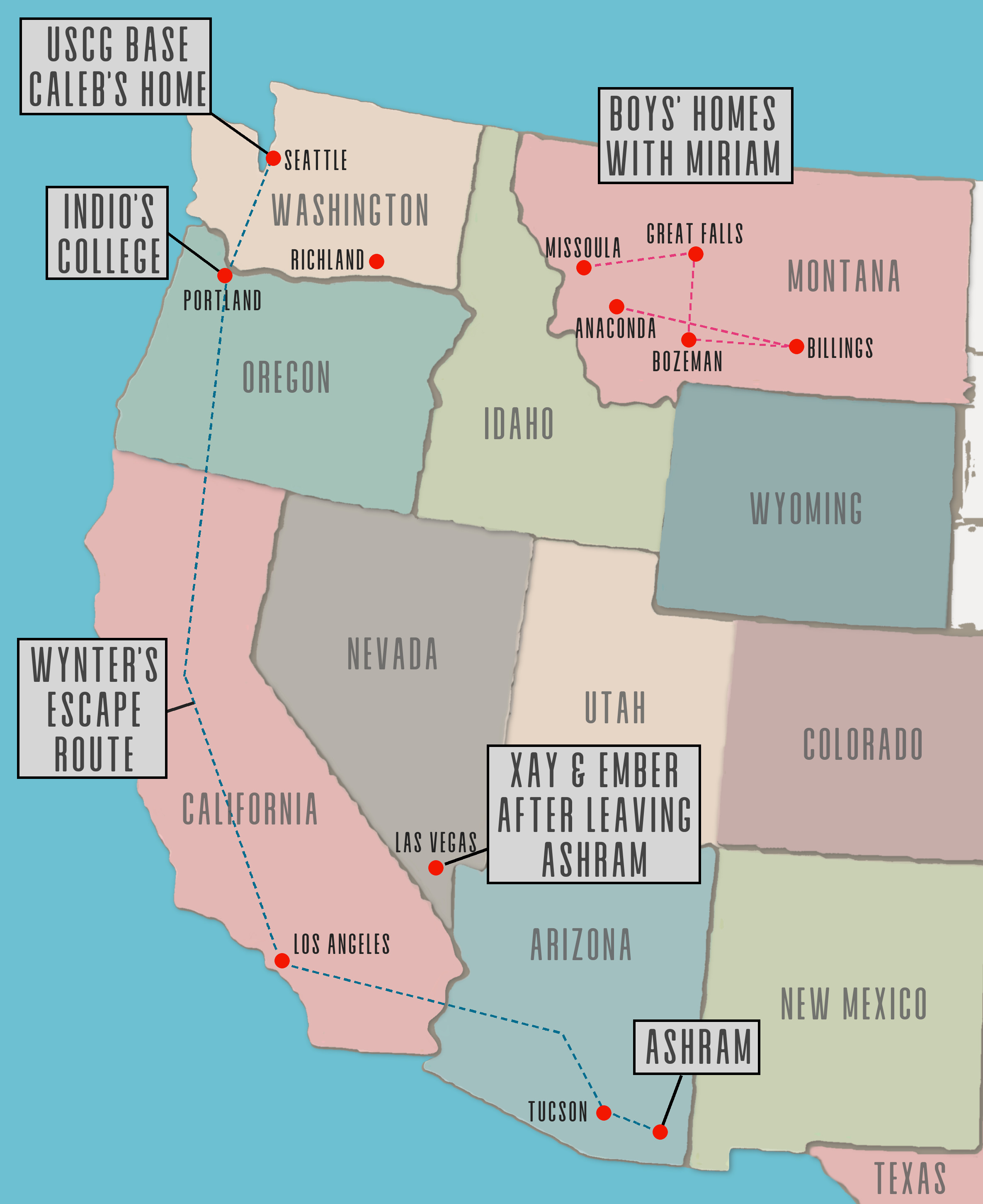 Map of western US with Wynter's escape route